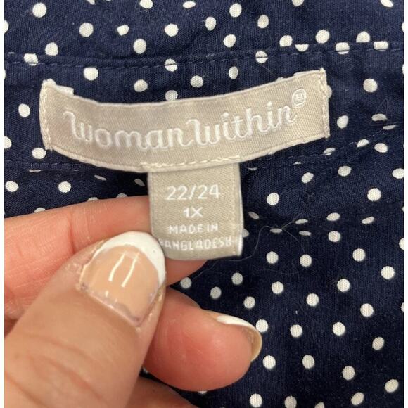 Woman Within Polka Dot V Neck Popover Navy Blue Blouse 3/4 Sleeve Size 1X 22 - Picture 5 of 14